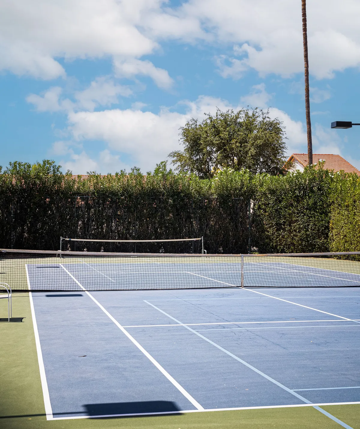 A vibrant tennis court scene set amidst lush greenery, featuring a clear view of the net and the court’s inviting surface. The setting suggests an active, social environment perfect for friendly matches, training sessions, or casual post-game gatherings.