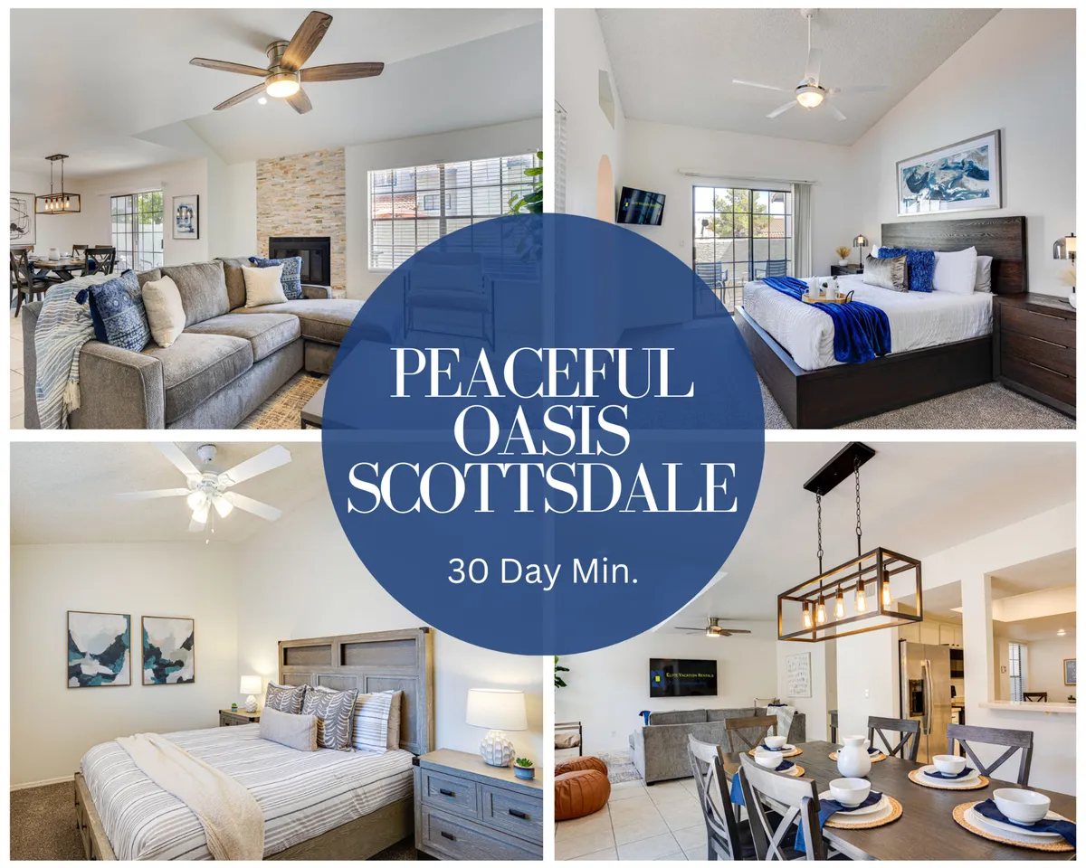 The image showcases an inviting open-concept interior with a stylish living room centered around a plush couch, a cozy fireplace, a sunlit dining area perfect for gathering, and a modern kitchen. Elegant bedroom decor hints at restful evenings, while the layout suggests a comfortable space for families or groups to relax, entertain, and enjoy home-cooked meals together.